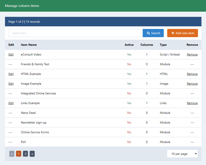 Manage Column Items